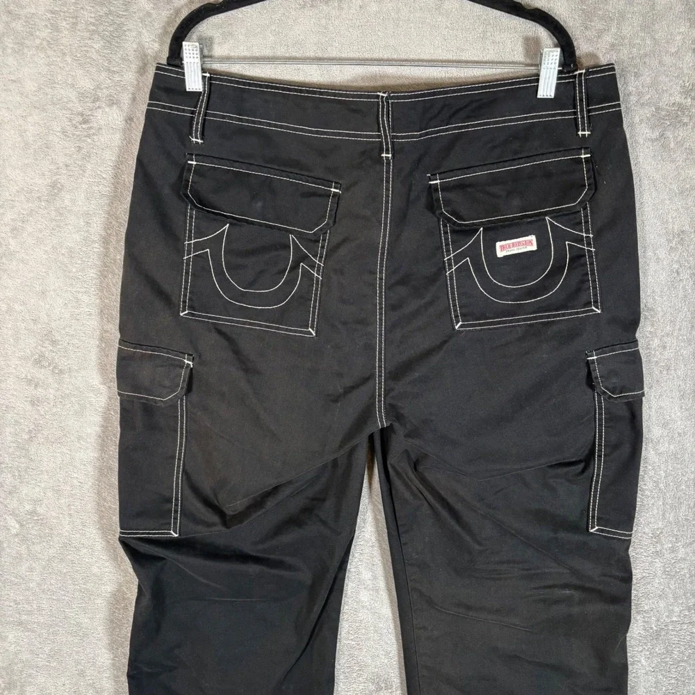 True Religion Mens Black White Contrast Stitch Cargo Pants 36x31 Rave Goth Y2K